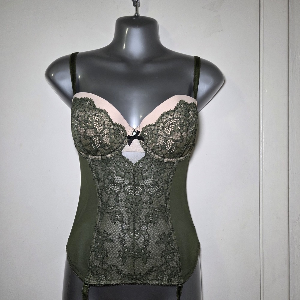 Victoria's Secret 34D Green Lace Bustier Corset Teddy Push Up Boned Lingerie